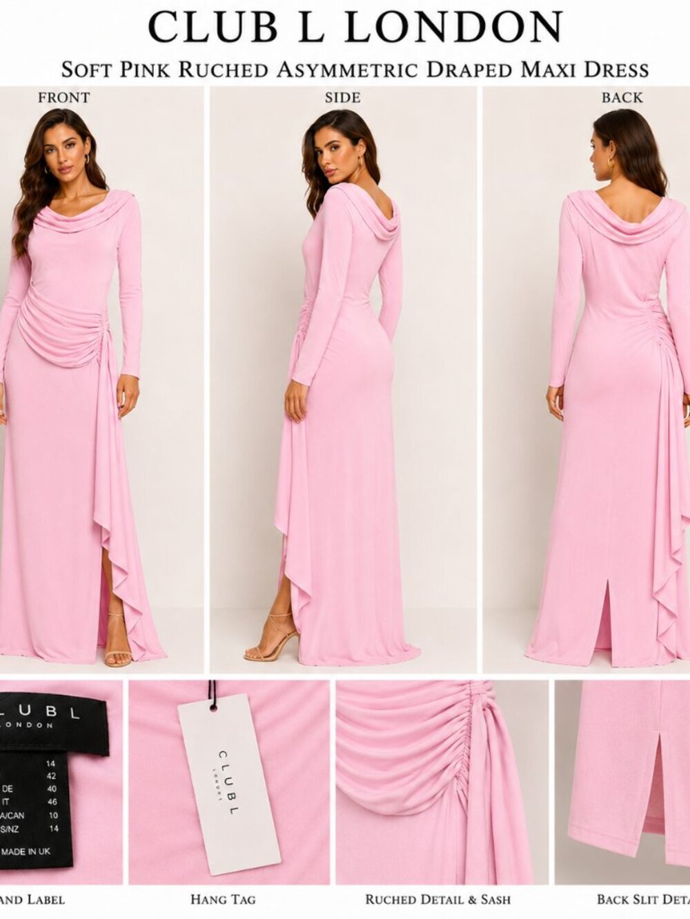CLUB L LONDON PINK RUCHED MAXI DRESS US 10